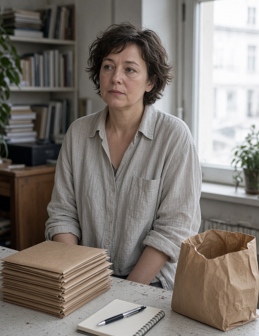 Buchhändlerin mit Leinenhemd hinter der Theke, Blick leicht zur Seite