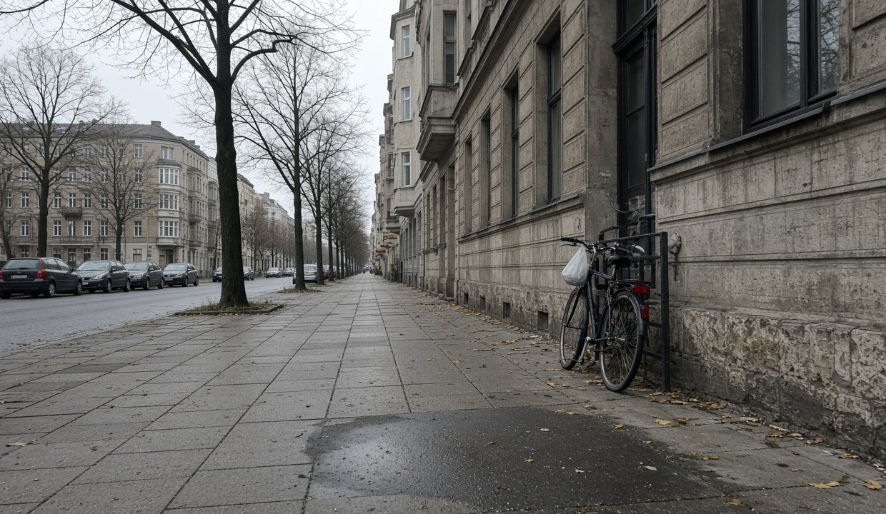 Gehweg im Afrikanischen Viertel bei bedecktem Himmel, Fahrrad mit Tüte am Zaun