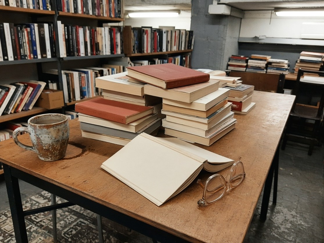 Holztisch mit Buchstapeln, Brille und Tasse, Regale im Hintergrund