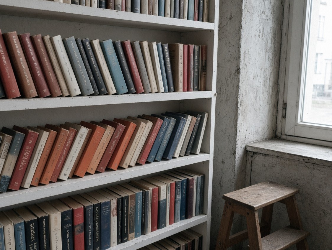 Weißes Holzregal voller gebundener Bücher, Tritthocker am Fenster