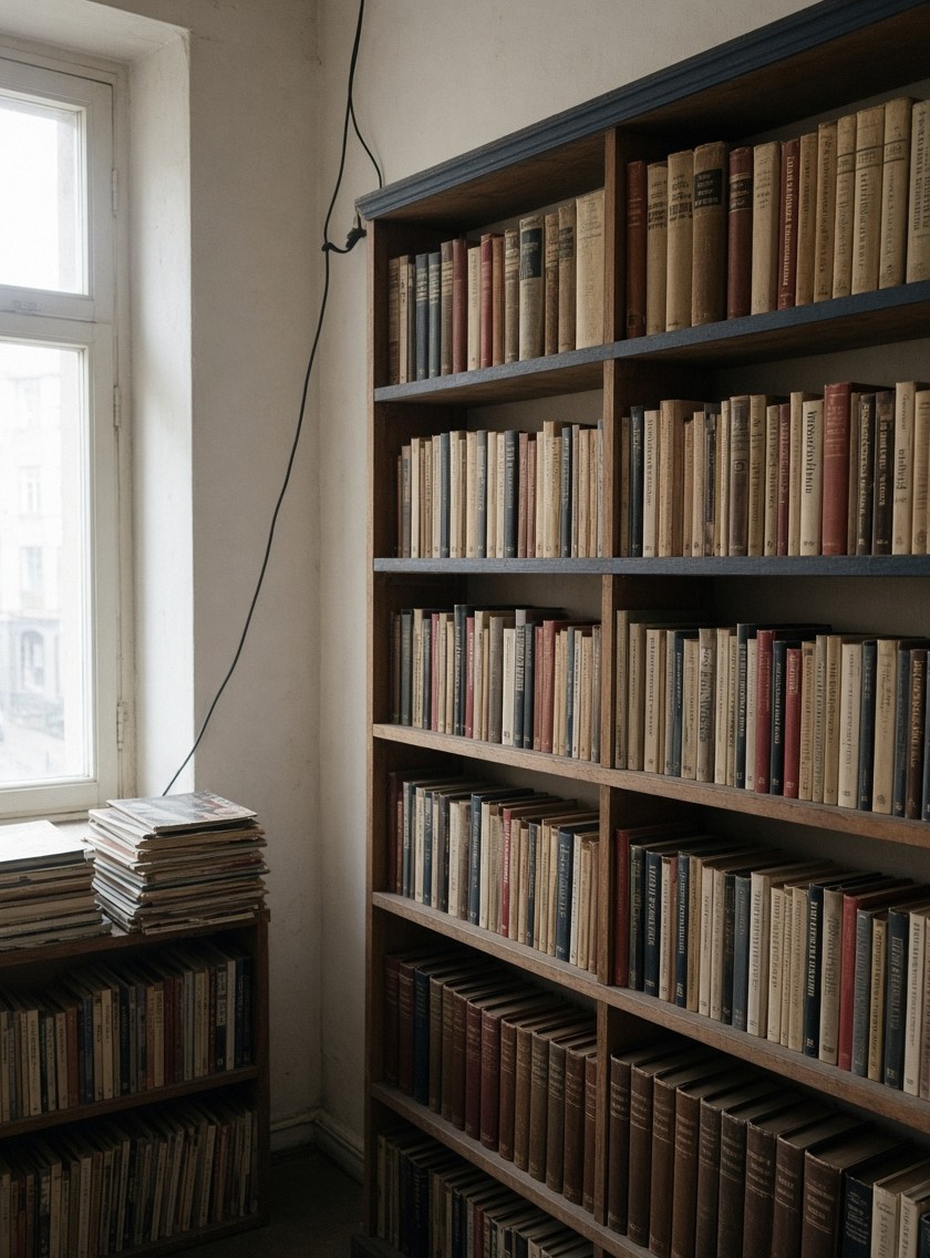 Holzwandregal mit Buchrücken, Fensterlicht von links, ein Kabel an der Wand