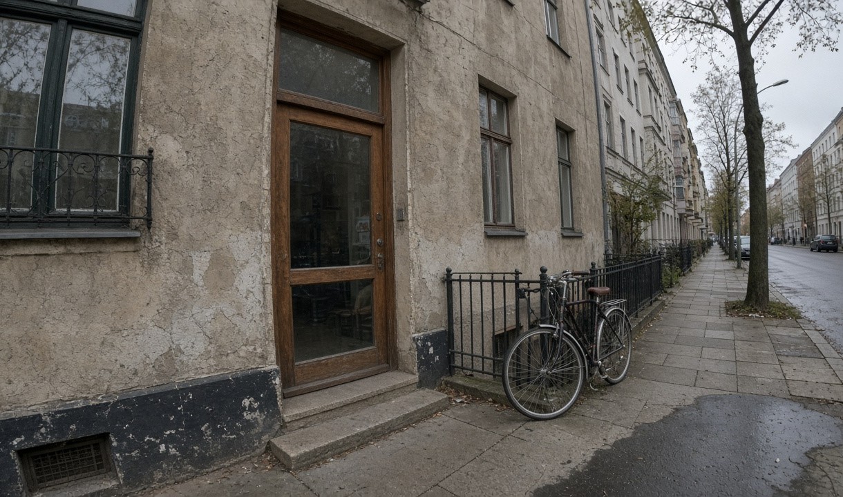 Holztür mit Glasscheibe an der Sansibarstraße, Fahrrad am Geländer